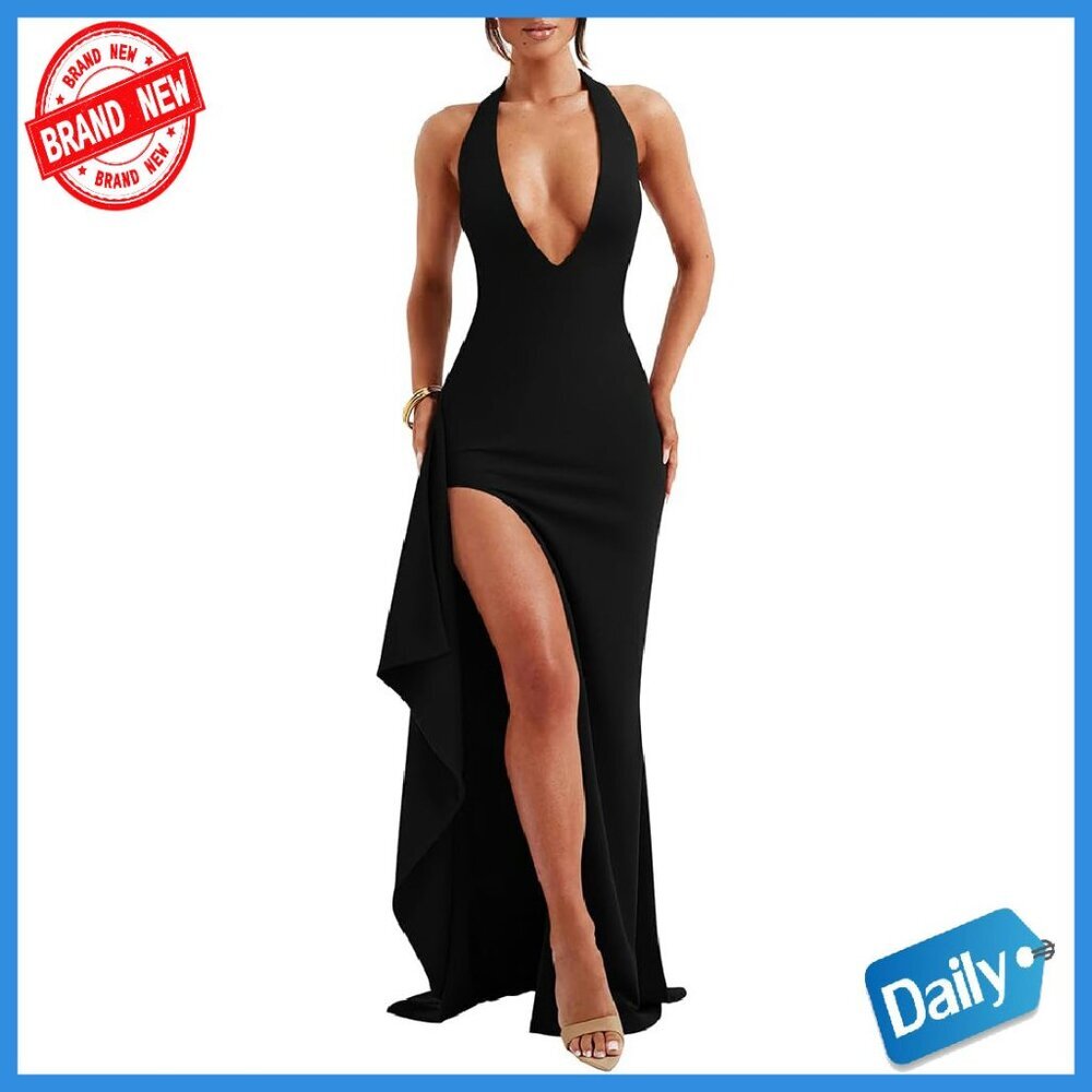 Women's Deep V Neck Halter Backless Maxi Dress Formal Cocktail